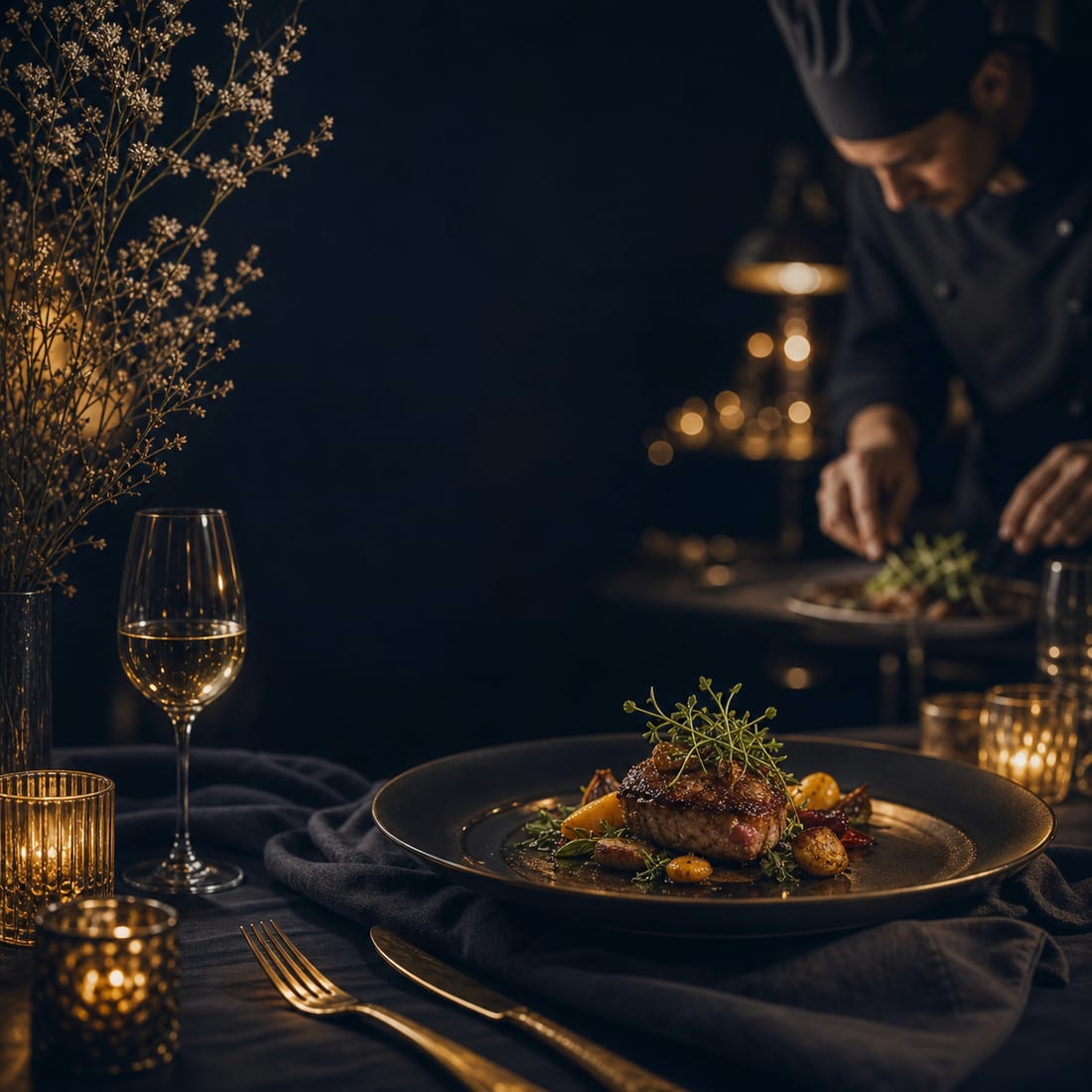 A private chef preparing dinner beside an elegantly set table
