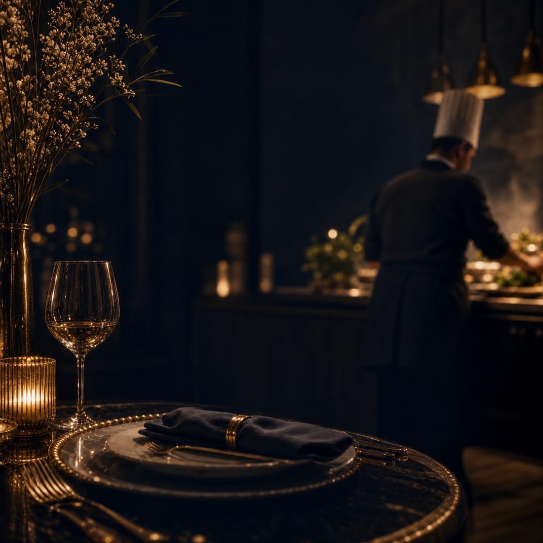 A beautifully plated course by candlelight as the chef plates in the background