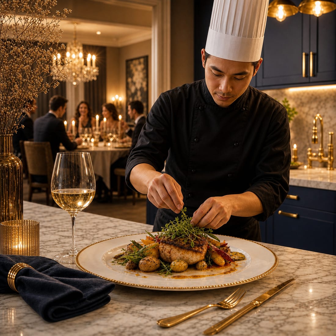 A private chef plating a gourmet dish in a modern kitchen beside a candlelit table set with wine