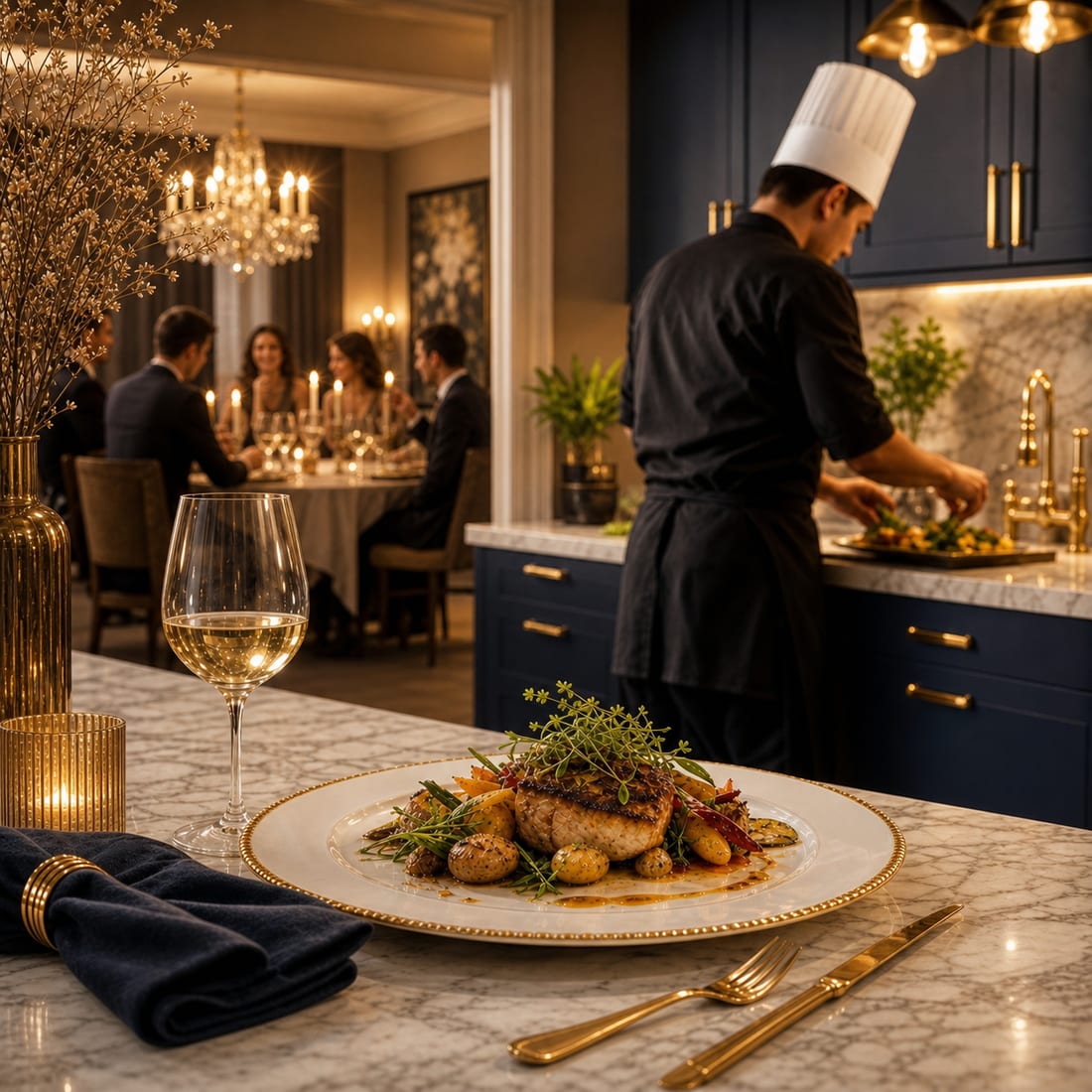 A private chef finishing a course while dinner guests gather at the table in the background